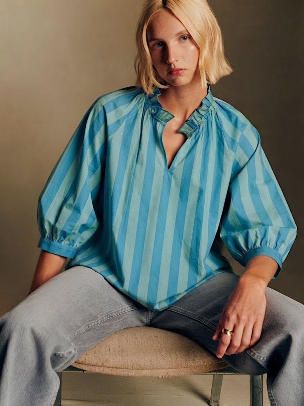 Sheridan French Striped Ruffle Collar Peasant V-neck Balloon Sleeve Blouse Small